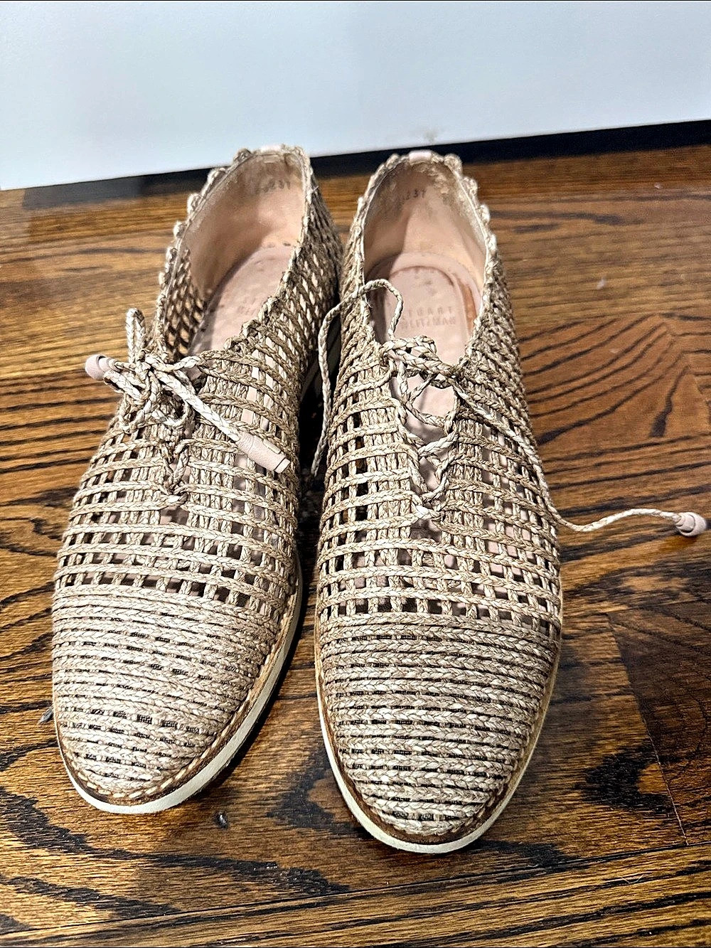 Stuart Weitzman Woven Lace-Up Sneakers in Beige